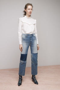 Rebecca Taylor Solid Cotton Ruffle Blouse and Patchwork Denim